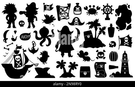 Ensemble de silhouettes de pirate vectoriel. Collection d'icônes noires d'aventures en mer. Trésor île ombre illustrations avec navire, capitaine, marins, coffre, ma Illustration de Vecteur