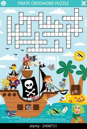 Casse-mots croisés Vector Pirate pour les enfants. Quiz simple sur l'île au Trésor avec paysage marin pour les enfants. Activité éducative avec navire, crossbone, a Illustration de Vecteur