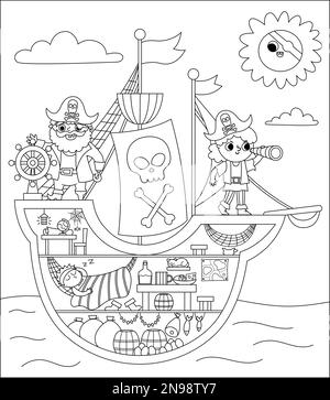 Scène de bateau pirate noir et blanc vectoriel. Intérieur du navire de Raider avec des pirates, soute de cargaison, cabine, capitaine. Illustration de la chasse au Trésor avec le bateau i Illustration de Vecteur