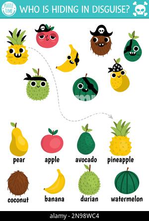 Pirate fruits cache et cherche jeu. Activité de chasse au Trésor pour les enfants. Fiche de recherche et de recherche d'aventures en mer. Simple jeu imprimable avec c Illustration de Vecteur