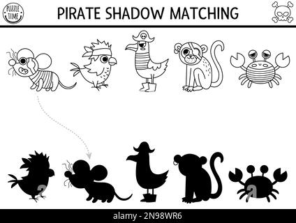 Activité de correspondance des ombres noir et blanc pirate. Trésor Island chasse ligne puzzle avec les animaux et les oiseaux mignons. Trouver les œuvres imprimables de silhouette correctes Illustration de Vecteur