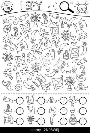 Pirate noir et blanc I jeu d'espion pour les enfants. Activité de recherche et de comptage avec des accessoires et des symboles de pirate. Page de coloriage Treasure Island Hunt. S Illustration de Vecteur