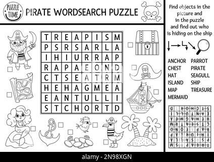 Puzzle noir et blanc de recherche de mots de pirate de vecteur pour les enfants. Jeu de recherche de mots simple ligne Treasure Island pour les enfants. Coloriage de la page ou de l'activité avec des Illustration de Vecteur