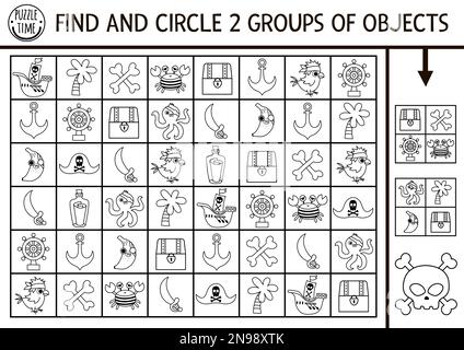 Pirate noir et blanc chercher et trouver le jeu avec des symboles traditionnels. Puzzle de formation de compétences d'attention avec poitrine, navire. Activité imprimable pour les enfants. Tr Illustration de Vecteur