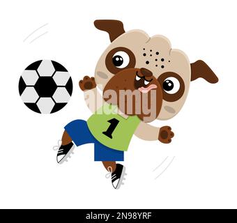 Dessin animé vectoriel pug. Chien anthropomorphique faisant du sport. Un petit drôle de joueur de football. Joli animal avec ballon de football pour enfants. Petit animal drôle Illustration de Vecteur