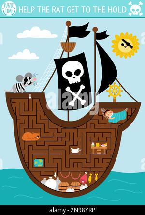 Labyrinthe de pirates pour les enfants avec paysage marin et intérieur de navire. Chasse au Trésor, activité imprimable préscolaire. Jeu de labyrinthe ou puzzle Sea Adventures. Hel Illustration de Vecteur