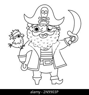 Icône de pirate noir et blanc vectoriel. Illustration du capitaine de mer mignon. Chasseur de trésors de l'île avec la barbe, perroquet, naard, chapeau de cocon. Contour drôle pi Illustration de Vecteur