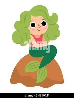 Sirène à vecteur de conte de fées avec cheveux verts assis sur un rocher. Fille fantaisie isolée sur fond blanc. Princesse de mer de conte de fées. Treasure Island ou pir Illustration de Vecteur