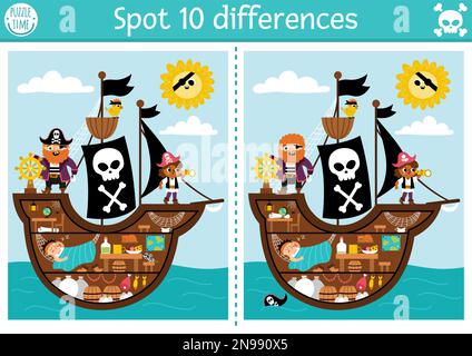 Trouvez le jeu différences pour les enfants. Activités éducatives Sea Adventures avec l'intérieur du joli bateau pirate, cabine et tenue. Puzzle pour les enfants avec comique sce Illustration de Vecteur