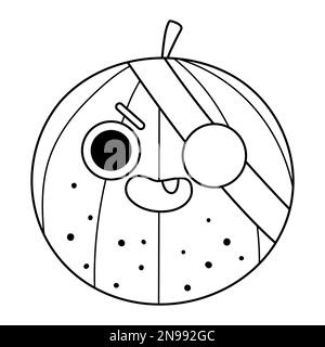 Vecteur noir et blanc drôle kawaii ligne de pastèque icône ou page de coloriage. Illustration de fruits pirates ou de baies. Bande dessinée fruit de plante avec les yeux, patch pour les yeux Illustration de Vecteur