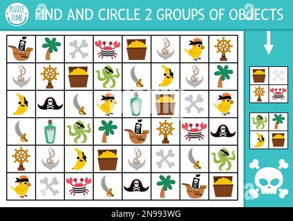 Pirate chercher et trouver le jeu avec des symboles traditionnels. Puzzle de formation de compétences d'attention avec poitrine, navire, ancre. Activité agricole imprimable pour les enfants. Treas Illustration de Vecteur