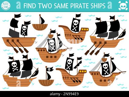 Trouvez deux navires pirates identiques. Activité d'association de trésors pour les enfants. Questionnaire éducatif Sea Adventures pour les enfants pour les compétences d'attention. S Illustration de Vecteur