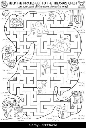 Labyrinthe noir et blanc pirate pour les enfants avec une île au Trésor tropical et de jolis pirates pour enfants. Chasse au Trésor, activité imprimable préscolaire. Aventures en mer co Illustration de Vecteur