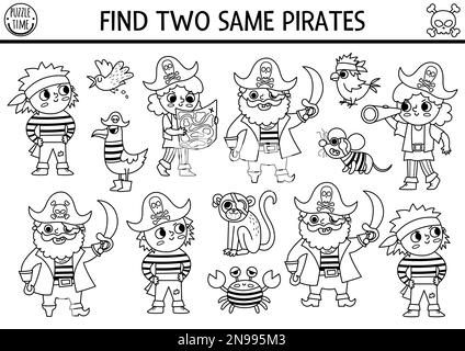 Noir et blanc trouver deux mêmes pirates. Activité d'appariement de lignes d'îlots de trésors pour les enfants. Fiche de travail ou page de coloriage du quiz éducatif Sea Adventures Illustration de Vecteur