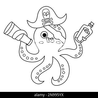 Icône représentant un pirate octopus vectoriel noir et blanc. Jolie illustration d'un animal de mer. Un chasseur d'îles de Trésor d'oeil avec patch d'oeil, télescope et bouteille d'esprit Illustration de Vecteur