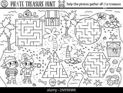 Labyrinthe de pirates noir et blanc pour les enfants. Chasse au Trésor, activité imprimable d'âge préscolaire avec de jolis enfants qui rassemblent des trésors. Géométriques d'aventures de mer Illustration de Vecteur