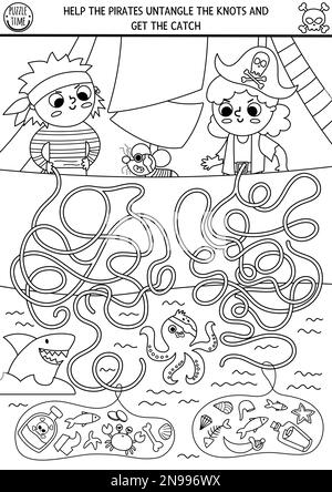 Labyrinthe de pirate noir et blanc pour les enfants avec navire, mer et marins pour enfants. Activité imprimable préscolaire de la ligne de chasse au Trésor. Labyrinthe de couleurs d'aventures en mer Illustration de Vecteur
