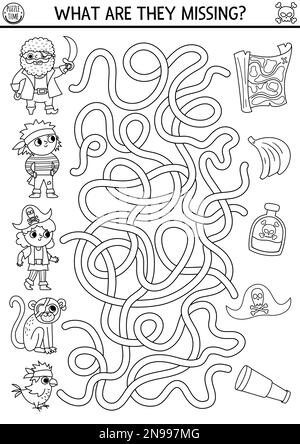 Labyrinthe noir et blanc pirate pour les enfants. Chasse au Trésor, activités préscolaires imprimables avec de jolis pirates, des animaux et leurs choses. Coloriage des aventures en mer Illustration de Vecteur