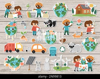 Ensemble d'autocollants vectorisés écologiques pour enfants. Collection de patchs du jour de la terre avec les enfants mignons, la planète, concept de recyclage des déchets. Badges respectueux de l'environnement Illustration de Vecteur