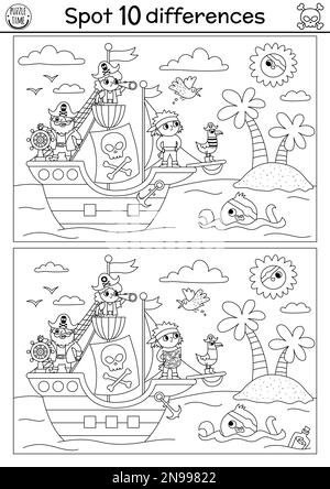 Noir et blanc trouver jeu de différences pour les enfants. Les aventures de la mer ligne d'activité éducative avec le mignon bateau de pirate, les pirates, le pieuvre. Treasure Island Illustration de Vecteur