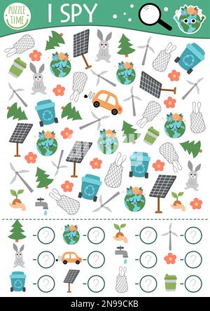 Jeu écologique I SPY pour enfants. Activité de recherche et de comptage avec panneau solaire, éolienne. Feuille de travail imprimable jour de la Terre pour les enfants d'âge préscolaire. Illustration de Vecteur