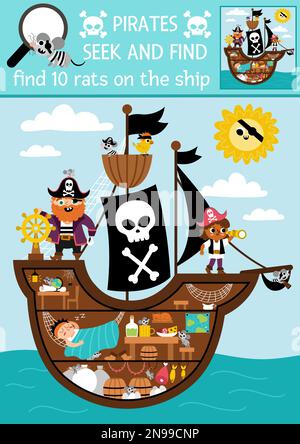 Jeu de recherche de pirate vectoriel. Repérez les rats cachés sur l'image. Simple Treasure Island chercher et trouver l'activité imprimable pour les enfants. Aventures en mer au Trésor Illustration de Vecteur