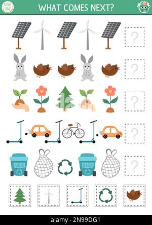 La suite. Activité d'appariement écologique pour les enfants d'âge préscolaire avec des symboles de conscience écologique. Puzzle amusant sans gaspillage. Feuille de travail logique du jour de la terre. Illustration de Vecteur