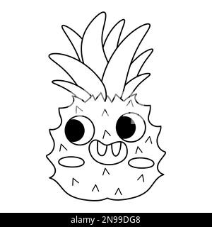 Vecteur noir et blanc drôle kawaii ligne d'ananas icône ou page de coloriage. Illustration de fruits pirates. Fruit de plante de bande dessinée avec les yeux et la bouche isolés dessus Illustration de Vecteur