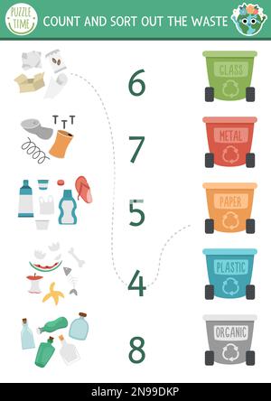 Faites correspondre le jeu écologique Numbers avec des poubelles et des poubelles. Zéro perte d'activité mathématique pour les enfants d'âge préscolaire. Sensibilisation à l'environnement, formation, comptage, travail Illustration de Vecteur