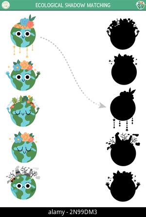 L'ombre écologique correspond à l'activité avec de jolies planètes. Puzzle du jour de la Terre. Trouvez la feuille de calcul ou le jeu imprimable de silhouette correct. Page de sensibilisation à l'environnement pour k Illustration de Vecteur