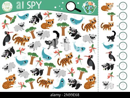 Jeu écologique I SPY pour enfants. Recherche et comptage d'activités avec des animaux éteints. Feuille de travail imprimable jour de la Terre pour les enfants d'âge préscolaire. Simple éco Illustration de Vecteur