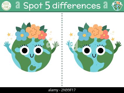 Trouvez le jeu différences pour les enfants. Une activité éducative écologique avec une planète mignonne. Puzzle de jour de la terre pour les enfants avec le caractère drôle. Sensibilisation à l'environnement ou Illustration de Vecteur