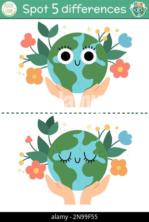 Trouvez le jeu différences pour les enfants. Activité éducative écologique avec une planète mignonne entre les mains. Puzzle de jour de la terre pour les enfants avec le caractère drôle. ECO-awa Illustration de Vecteur