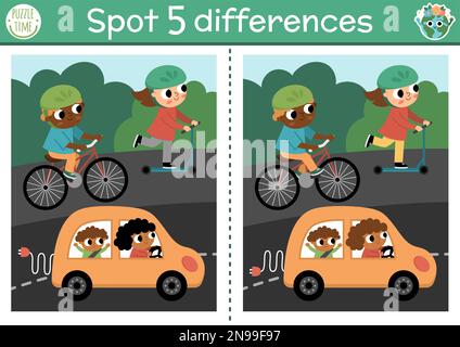Trouvez le jeu différences pour les enfants. Activité éducative écologique avec un moyen de transport alternatif mignon. Puzzle du jour de la terre pour les enfants. ECO conscientisation printabl Illustration de Vecteur