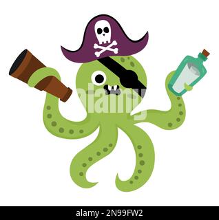 Icône d'octopus de pirate vectoriel. Illustration d'un animal de mer mignon. Un chasseur d'îles de Trésor d'oeil avec patch d'oeil, télescope et bouteille avec carte. Pirate drôle p Illustration de Vecteur