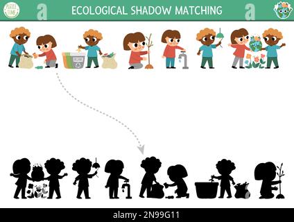 L'ombre écologique correspond à l'activité avec les enfants s'occupant de l'environnement. Puzzle du jour de la Terre. Trouvez la feuille de calcul ou le jeu imprimable de silhouette correct. ECO-waren Illustration de Vecteur