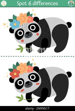Trouvez le jeu différences pour les enfants. Activité éducative écologique avec panda mignon. Puzzle du jour de la terre pour les enfants avec ours drôle. ECO conscientisation printabl Illustration de Vecteur