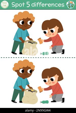 Trouver le jeu différences. Activités éducatives écologiques avec de jolis enfants collectant des ordures. Puzzle de jour de la terre pour les enfants avec le caractère drôle. Eco-awar Illustration de Vecteur