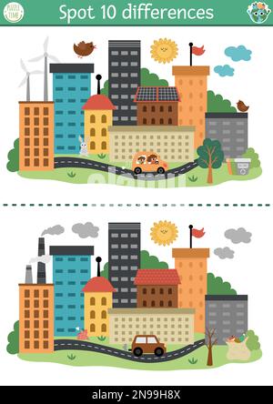 Trouver le jeu de différences pour les enfants avec des opposés. Activité éducative écologique avec des versions de ville polluée et écologique mignons. Puzzle du jour de la terre pour les enfants Illustration de Vecteur