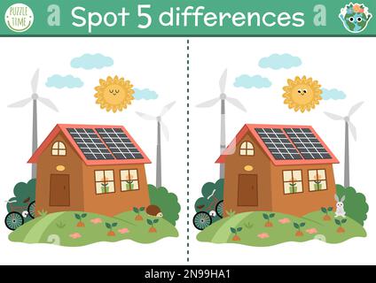 Trouvez le jeu différences pour les enfants. Activité éducative écologique avec maison mignonne, panneaux solaires, éoliennes. Puzzle du jour de la terre pour les enfants. Respectueux de l'environnement Illustration de Vecteur