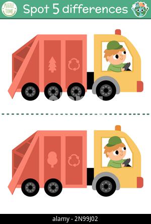 Trouvez le jeu différences pour les enfants. Activités éducatives écologiques avec un adorable camion de déchets. Puzzle du jour de la terre pour les enfants. Conscience écologique ou pas de gaspillage pr Illustration de Vecteur