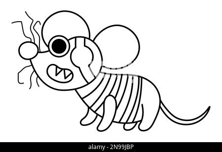 Icône de souris pirate noir et blanc vectoriel. Illustration d'un animal à œil mignon. Outline Treasure Island Hunter en maillot strippy. Drôle de fête de pirate el Illustration de Vecteur