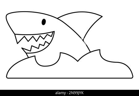 Icône représentant un requin noir et blanc vectoriel et de l'eau. Illustration d'un animal de mer mignon. Image de chasseur de trésors de l'île. Élément de ligne de pirate drôle ou de coloration Illustration de Vecteur