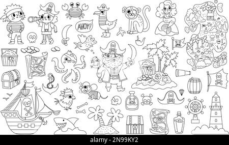 Ensemble de pirate noir et blanc vectoriel. Collection d'icônes d'aventures en mer. Illustrations de Treasure Island avec navire, capitaine, marins, poitrine, carte, p Illustration de Vecteur