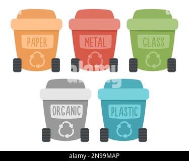 Icône des bacs de tri des déchets vectoriels. Boîtes à ordures en plastique, en papier, en métal, en verre et en plastique. Concept écologique jour de la terre ou zéro déchet. Rubis ou j Illustration de Vecteur