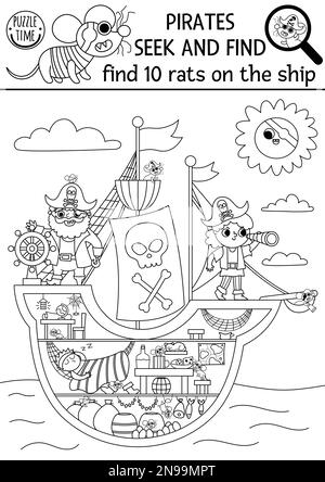 Jeu de recherche de pirate noir et blanc vectoriel. Repérez les rats cachés sur l'image. Simple Treasure Island chercher et trouver l'activité pour les enfants. Aventures en mer Illustration de Vecteur