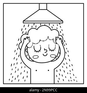 Garçon noir et blanc prenant une icône de douche. Adorable enfant à laver. Enfant faisant la routine quotidienne. Rituel du matin ou style de vie sain concept de ligne ou coloration pa Illustration de Vecteur