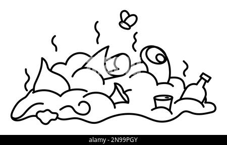 Icône de vidage de déchets noir et blanc vectoriel. Illustration de la ligne de tas de déchets odorant. Page de coloriage de la pile de déchets. Bio, papier, métal, verre, plastique garba Illustration de Vecteur