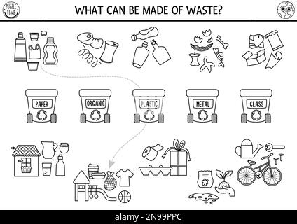 Activité écologique de correspondance noir et blanc avec concept de tri des déchets. Puzzle du jour de la Terre. Feuille de travail ou jeu imprimable. Retirez les ordures. ECO-warenes Illustration de Vecteur