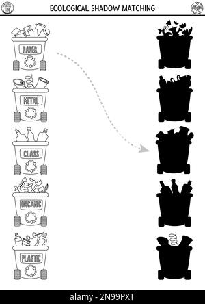 L'activité écologique de l'ombre noire et blanche correspond au concept de tri des déchets. Puzzle du jour de la Terre. Trouvez la feuille de calcul ou le jeu imprimable de silhouette correct. Illustration de Vecteur